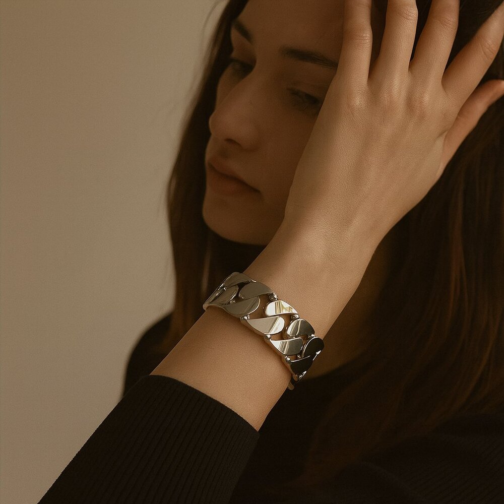 Cuban Link Bracelet Silver Tone Classic Style Wide OS New